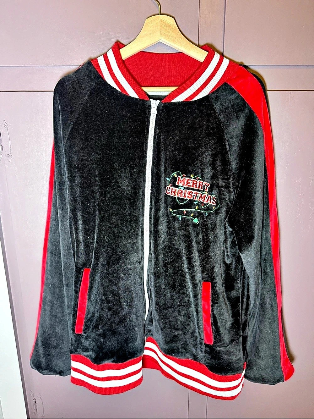 Blizzard Bay Merry Christmas Santa Velour Bomber Track Jacket Black & Red Medium